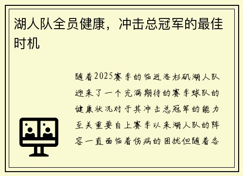 湖人队全员健康，冲击总冠军的最佳时机