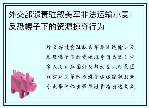 外交部谴责驻叙美军非法运输小麦：反恐幌子下的资源掠夺行为